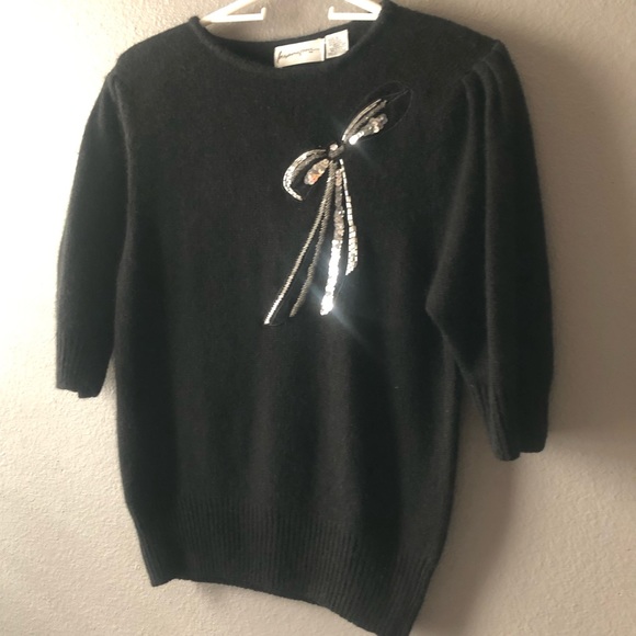 Inspiration Brand Silk & Angora SZ Large Black sequin detailed Black Cap sleeve - Picture 3 of 16